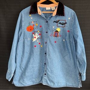 Vintage White Stag Shirt Womens 16W Blue Denim Halloween Embroidered Button Plus